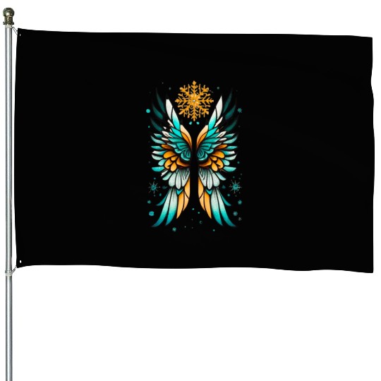 Angel Wings Embracing Snowflakes House Flags