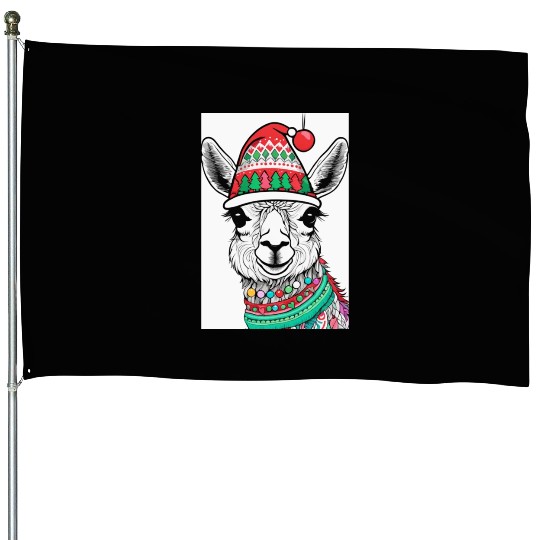 Cute Llama with Christmas Hat House Flags