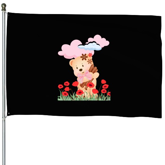 teddy bear and flowers House Flags