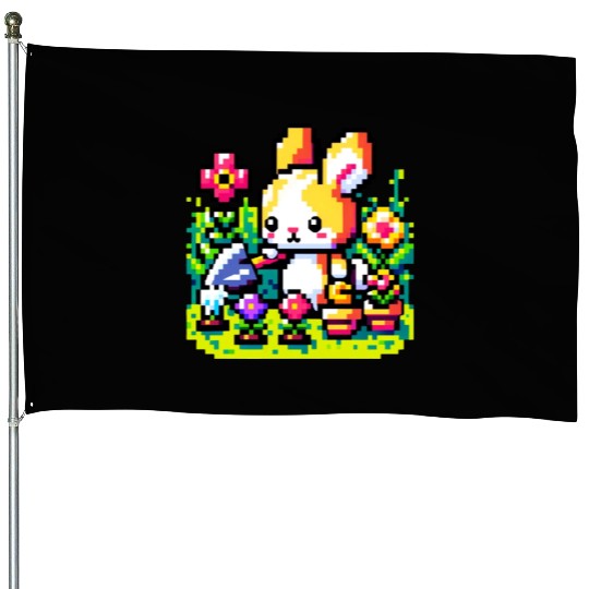 8-Bit Bunny Gardener: Retro Digital Garden Scene House Flags
