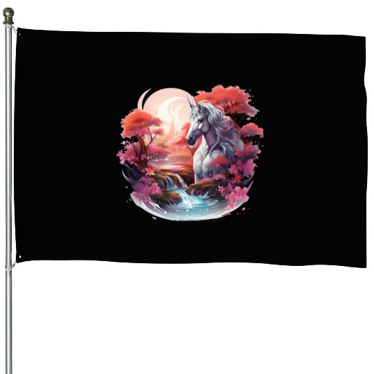 Joyful unicorn scene with a smiling unicorn House Flags