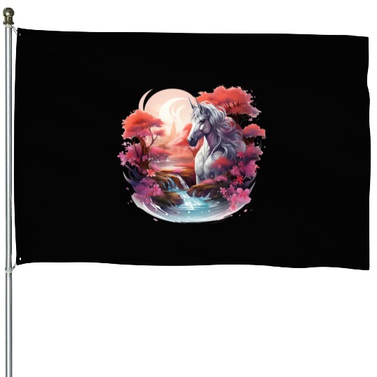 Joyful unicorn scene with a smiling unicorn House Flags