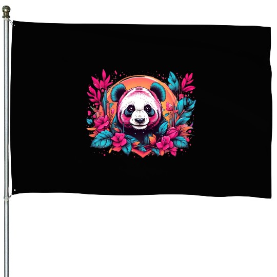 Retro panda with neon nature floral vintage sunset House Flags
