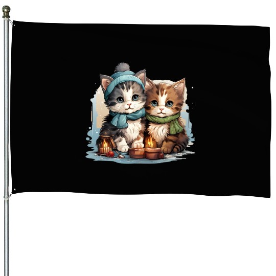 chubby kittens in Christmas stockings hanging House Flags