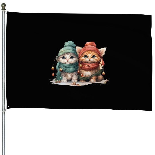 Sweet and playful Christmas kittens wearing hats House Flags