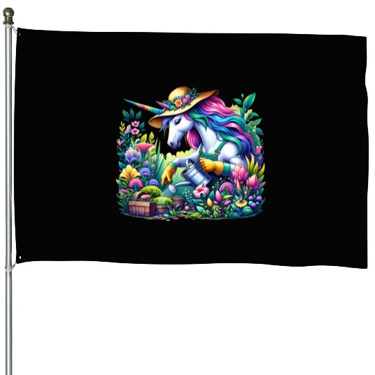 Botanist Unicorn in a Magical Garden House Flags