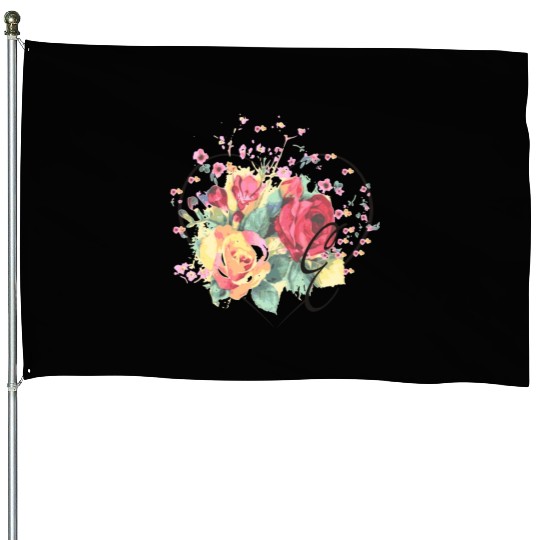 Letter E Monogram Floral Roses Heart House Flags