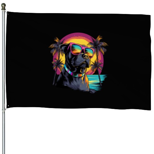 Retro Wave Pitbull Terrier Dog House Flags
