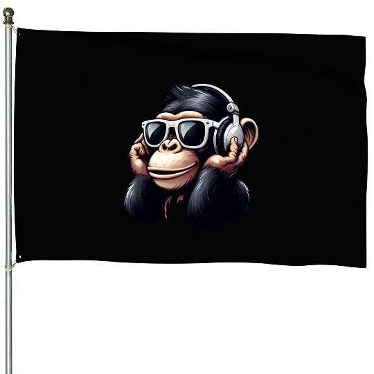 Chimpanzee with sunglasses and headphones House Flags