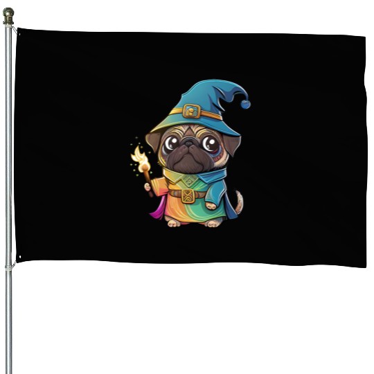 Colorful Kawaii Pug Wizard House Flags