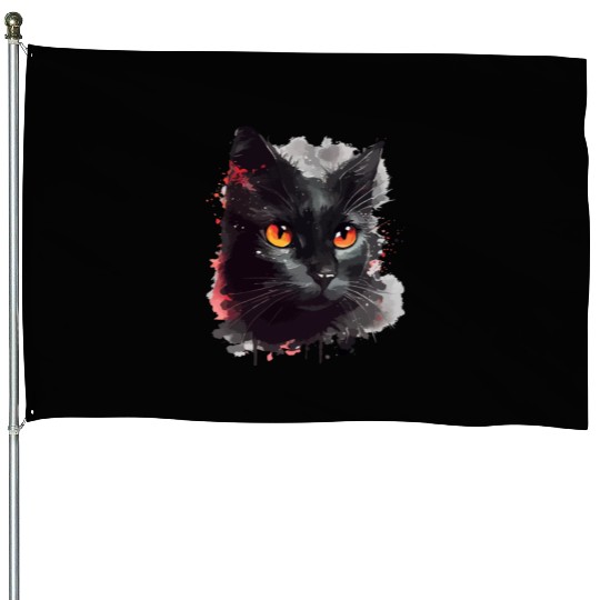 Black Cat Japanese Watercolor Mystery Gaze House Flags