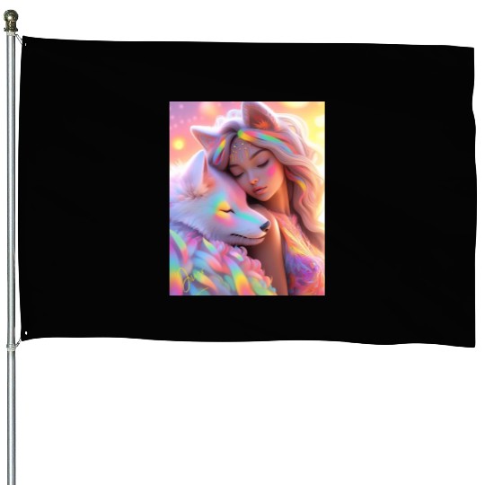 Rainbow Friends - White Wolf and Girl House Flags