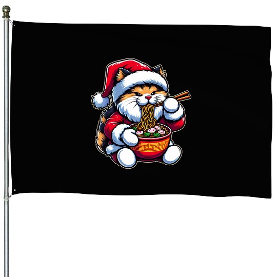 Cute Cat as Santa Eating Ramen on Christmas House Flags