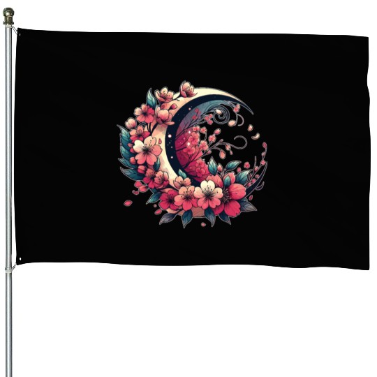 Moon And Cherry Blossoms In Japanese Style House Flags