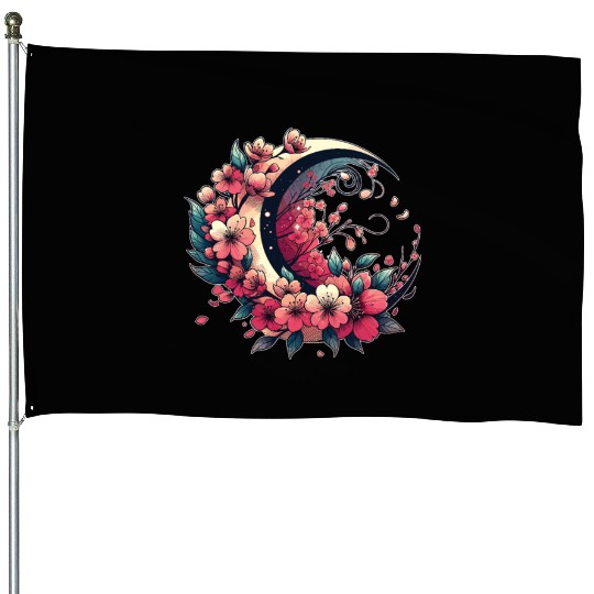 Moon And Cherry Blossoms In Japanese Style House Flags
