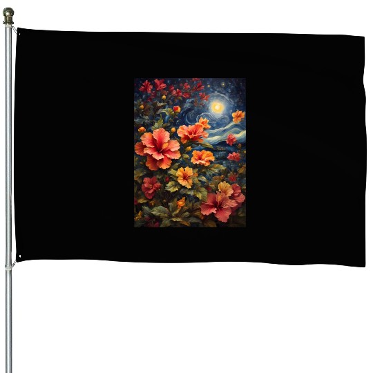 Colorful Hibiscus Under Starry Night Sky House Flags