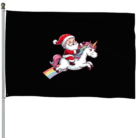 Santa Riding Unicorn House Flags