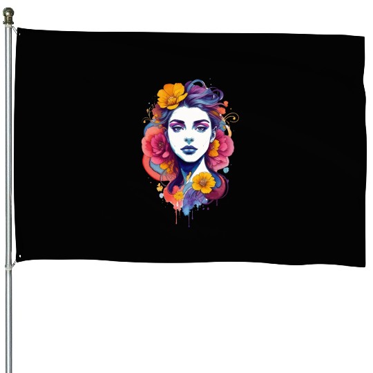 Stylish, bright art. Girl with flowers in her hair House Flags