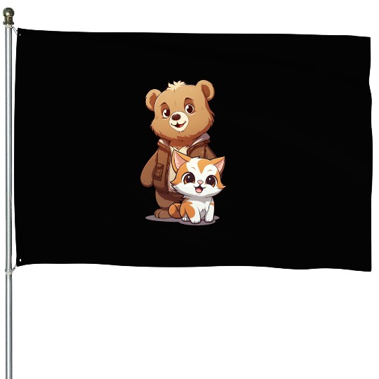 cute kitty cat and teddy bear in cartoon style House Flags