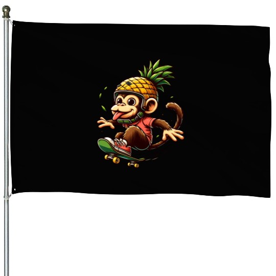 skateboarding monkey with pineapple helmet House Flags