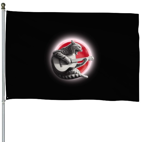 Rock Cat Playing Guitar House Flags under the red moon