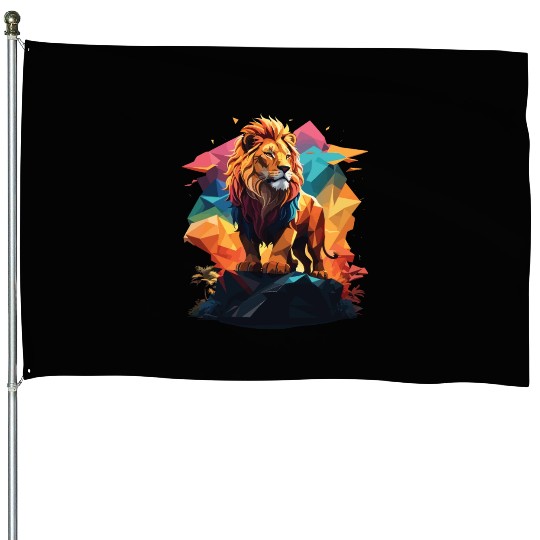 Fantasy Majestic Colourful Lion Polygon Art Design House Flags