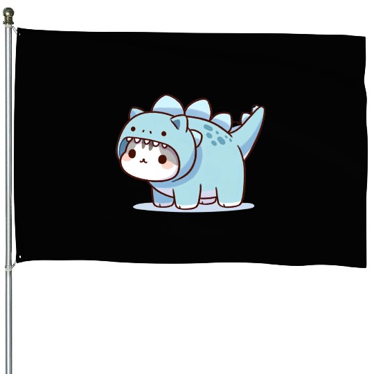 Cat in Stegosaurus Costume House Flags