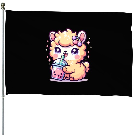 Kawaii Llama Sips Bubble Tea Cute Llama Boba Tea House Flags