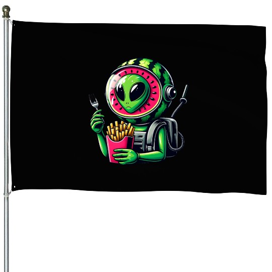 Alien with watermelon helmet eats fries House Flags