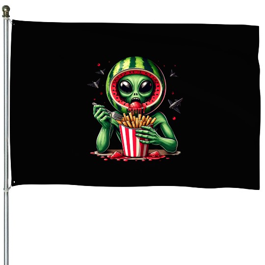Alien with watermelon helmet eats fries House Flags