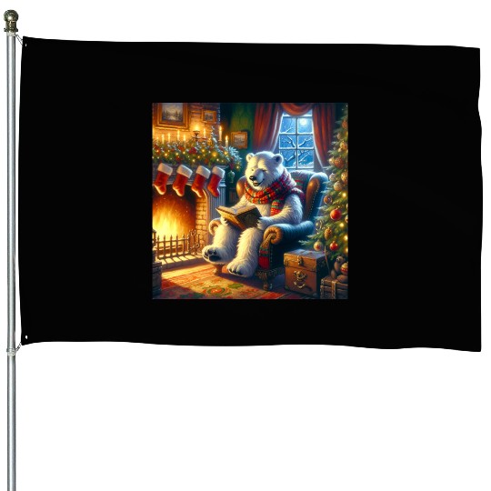 Winter Tales-Merry Cozy Bear Reading by Fireplace House Flags