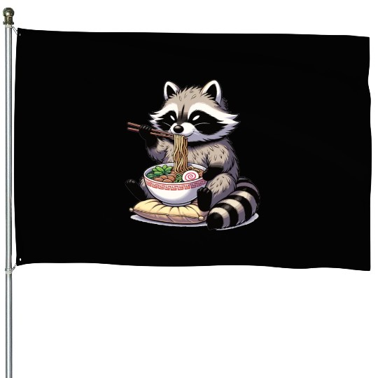 Cute Raccoon Eats Ramen Noodles Raccoon Ramen House Flags