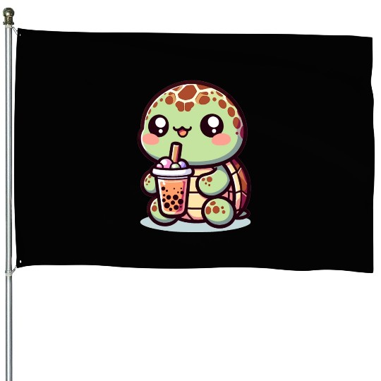 Kawaii Turtle Bubble Tea Lover Cute Sea Turtle House Flags
