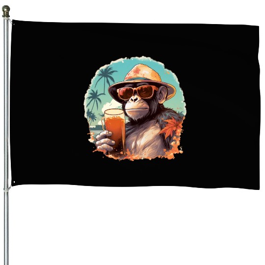 Cool Monkey With Drink Funny Animals Chimpanzee House Flags