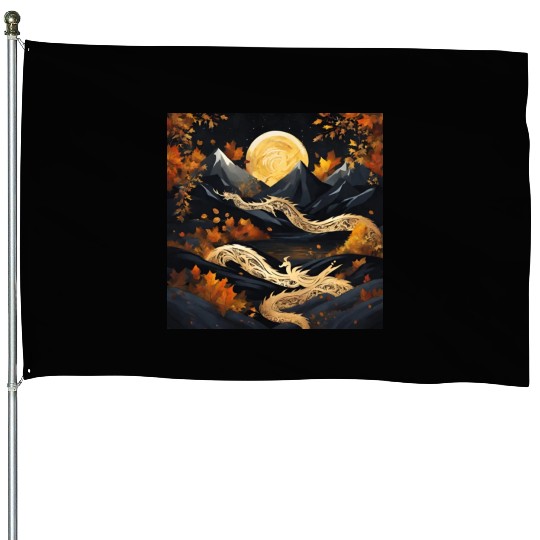Golden dragon king on stary night House Flags
