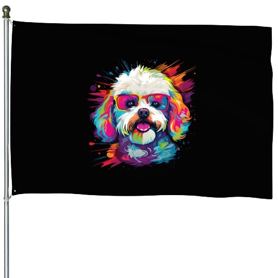 Watercolor Colorful Bichon Frise House Flags