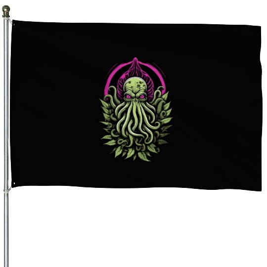 Colorful Cthulhu House Flags with Marijuana Leaves