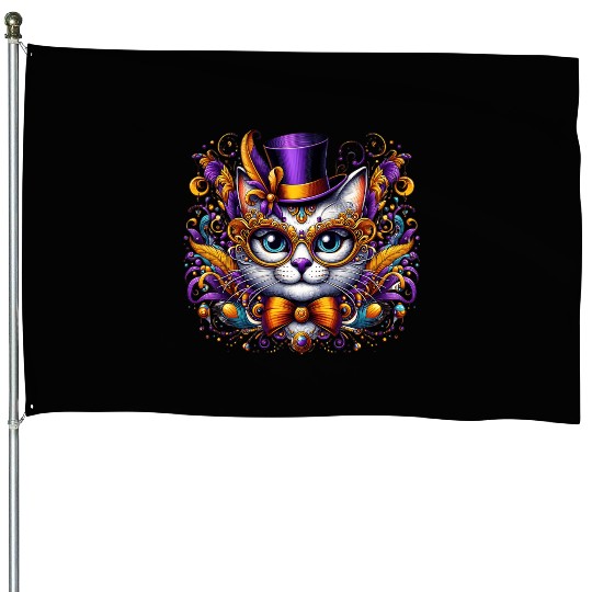 Mardi Gras cat with hat and glasses House Flags