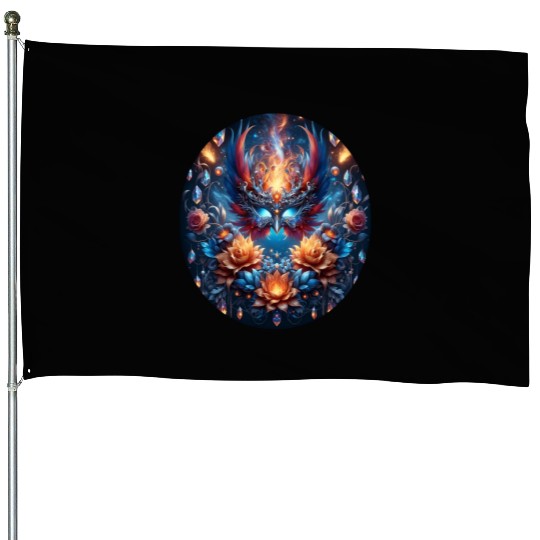 Phoenix Rebirth in Cosmic Bloom House Flags