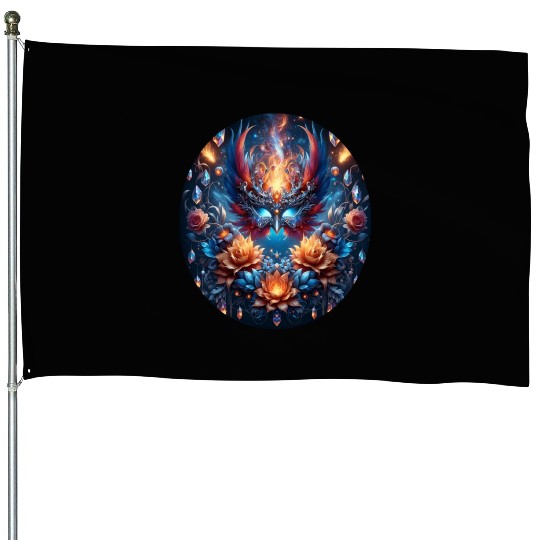 Phoenix Rebirth in Cosmic Bloom House Flags