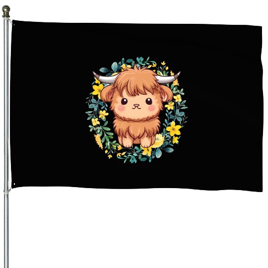 Cute Baby Highland Cow With flowers Calf Animal House Flags