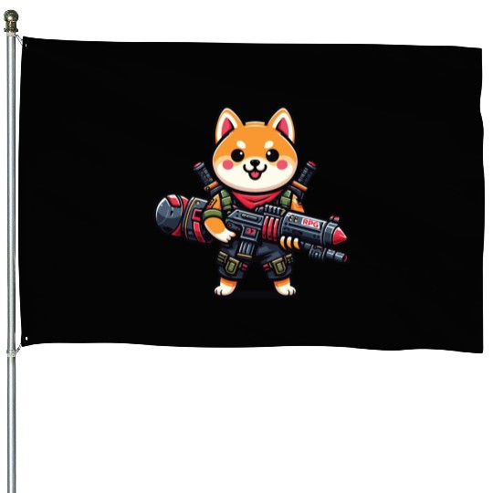 Cute Shiba Inu Dog Play Rocket RPG Cartoon House Flags