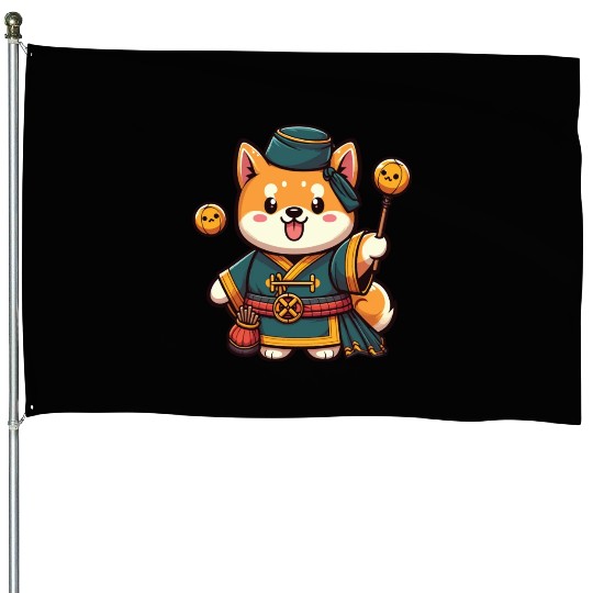 Cute Shiba Inu Magician Green Taoist with Staff House Flags