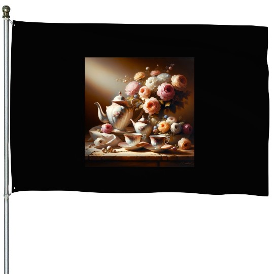 Timeless Elegance Vintage Tea Set Still Life House Flags