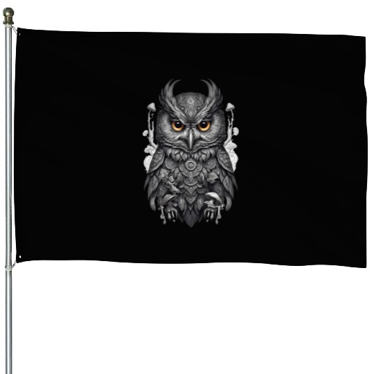 mythic black and white mandala owl House Flags