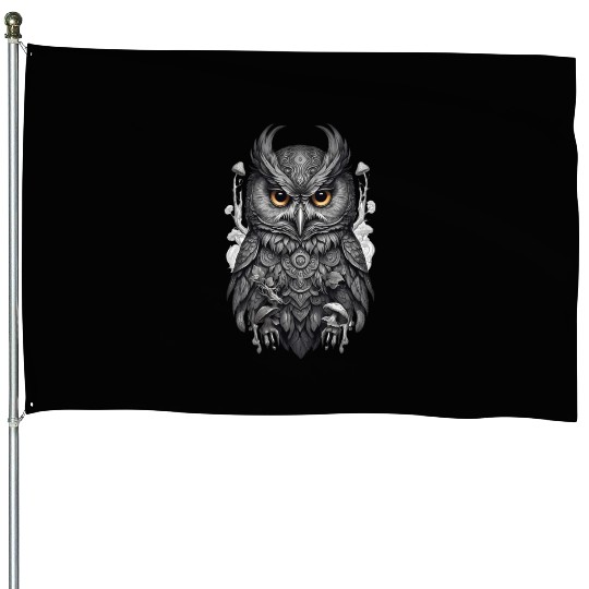 mythic black and white mandala owl House Flags