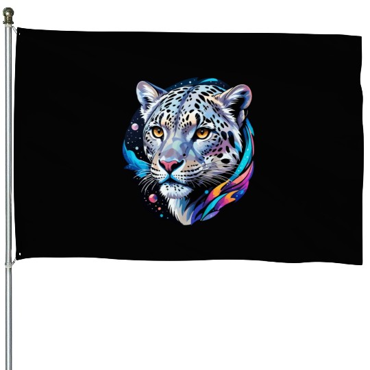 Cosmic Snow Leopard - Ethereal Animal Portrait House Flags