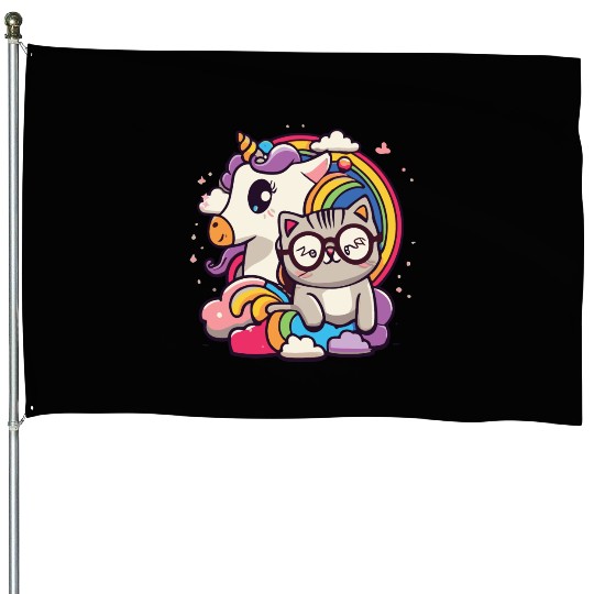 cute cat and unicorn House Flags