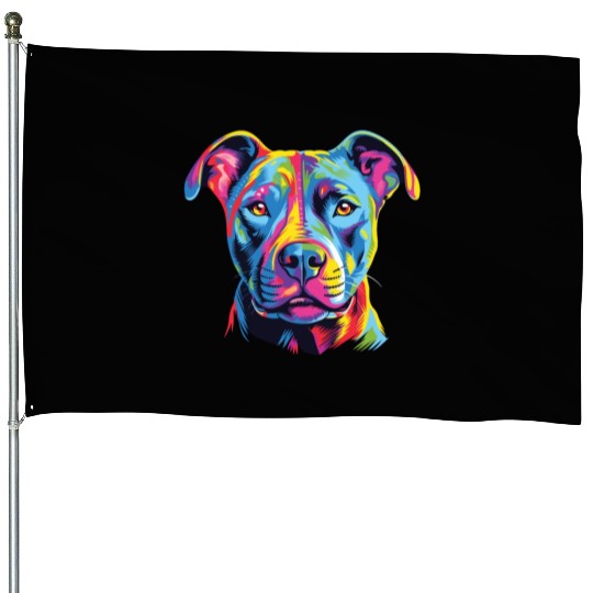 Watercolor Colorful American Pit Bull Terrier House Flags