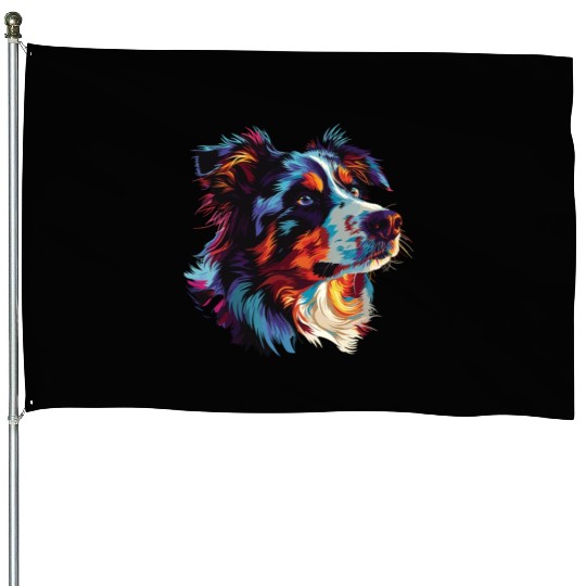 Watercolor Colorful Australian Shepherd House Flags